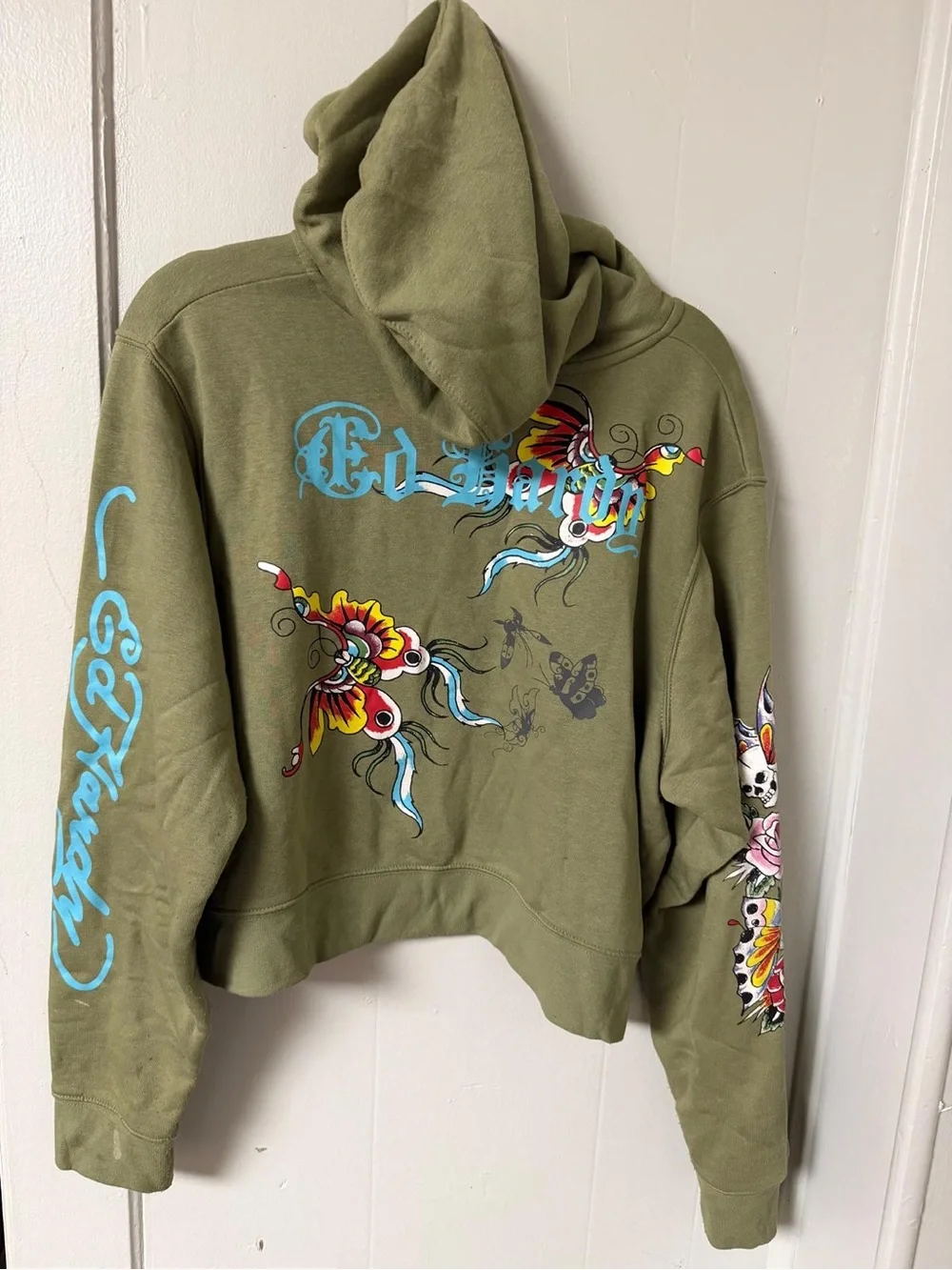 Ed Hardy Women’s Olive Green Graphic Zip Hoodie Sweater